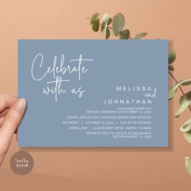 Invitación Celebra con nosotros, Fiesta de Elopement Post Bod (Celebrate with us, Post Wedding Elopement Dinner Party Invitation Card, PDF, in Dusty Blue)