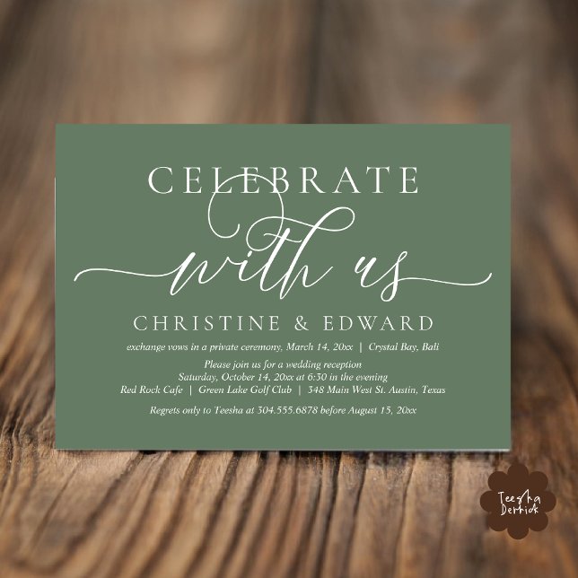 Invitación Celebra con nosotros, Fiesta de Elopement, Verde S (Celebrate with us, Romantic Modern Wedding Elopement Invitation Card, PDF, in Sage Green)
