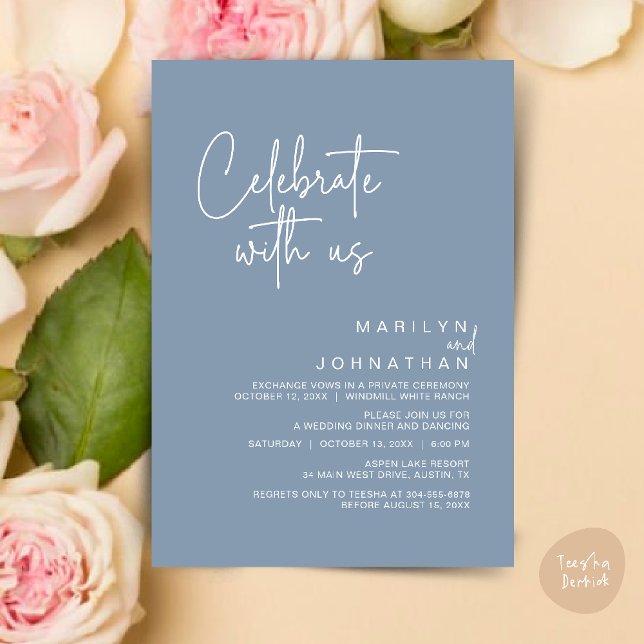 Invitación Celebra con nosotros, Fiesta de recepción de boda  (Celebrate with us, Post Wedding Elopement Party Dinner Brunch Lunch Invitation Card PDF Dusty Blue)