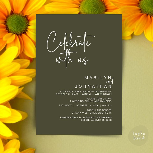 Invitación Celebra con nosotros, Fiesta de recepción de boda  (Celebrate with us, Post Wedding Elopement Party Dinner Brunch Lunch Invitation Card PDF Olive Green)
