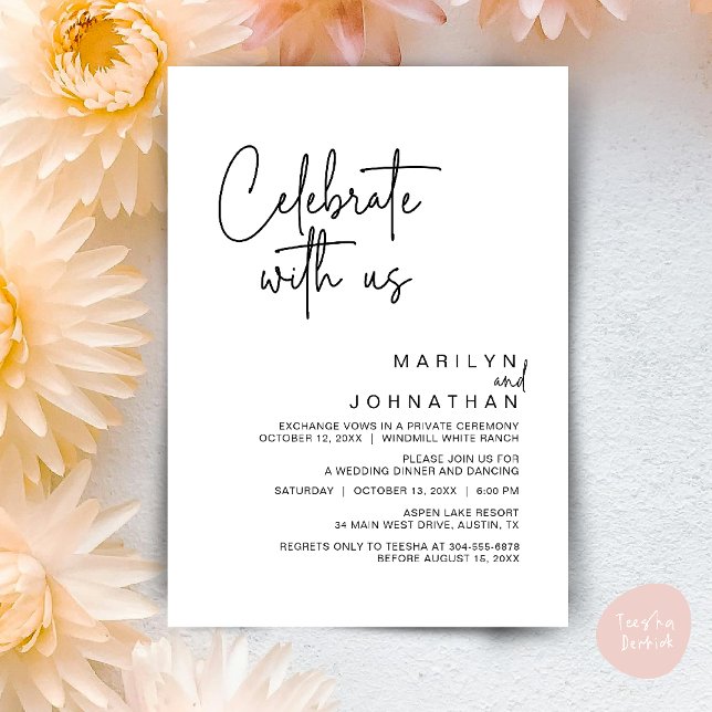 Invitación Celebra con nosotros, Fiesta de recepción de boda  (Celebrate with us, Post Wedding Elopement Party Dinner Brunch Lunch Invitation Card PDF Black White)