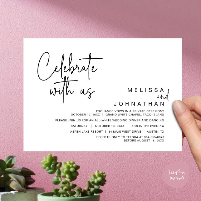 Invitación Celebra con nosotros, la cena de Elopement Boda mo (Celebrate with us, Modern Wedding Elopement Dinner Invitation Card, Brunch, Lunch PDF, White Black)