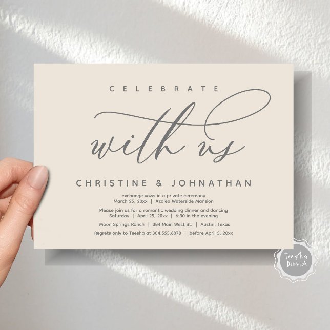 Invitación Celebra con nosotros, la cena de Elopement Boda mo (Celebrate with us, Modern Wedding Elopement Dinner Invitation Card, PDF, Modern Romantic Cream Grey)