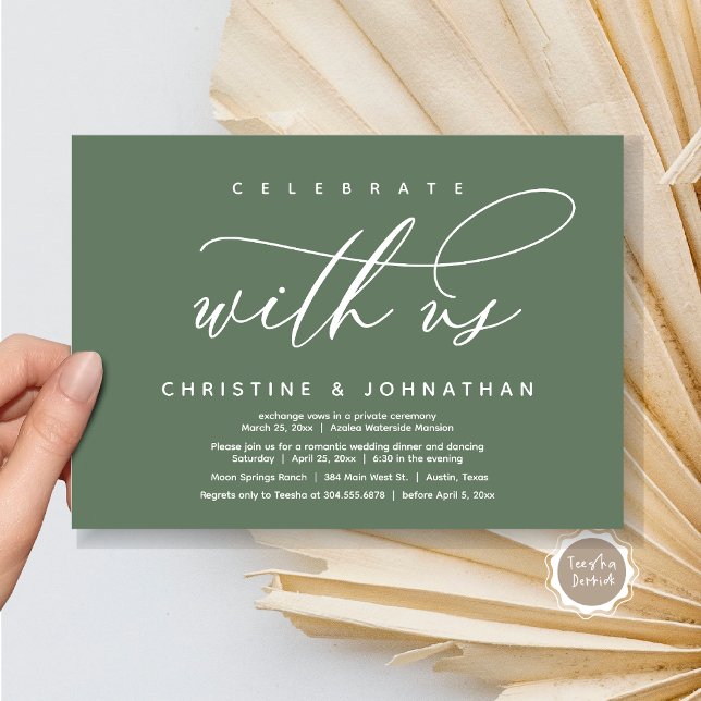 Invitación Celebra con nosotros, la cena de Elopement Boda mo (Celebrate with us, Modern Wedding Elopement Dinner Invitation Card, PDF, Modern Romantic Sage Green)