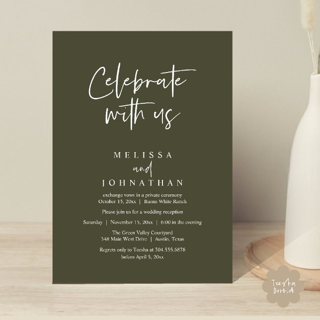 Invitación Celebra con nosotros, la recepción de la boda mode (Celebrate with us Modern Casual Wedding Reception Dinner Lunch Brunch Invites Card PDF Olive Green)