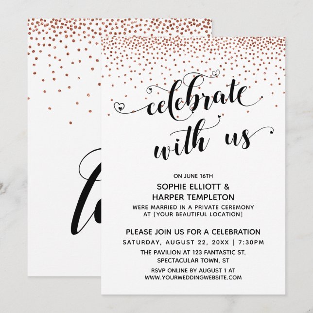 Invitación Celebra con Nosotros Letra de Corazones Confeti de (Anverso / Reverso)