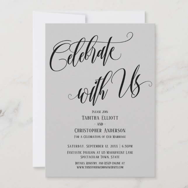 Invitación Celebra con Nosotros Letra Elaborada Gris (Anverso)