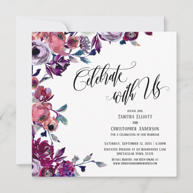 Invitación Celebra con Nosotros Letras Negritas Flores Próspe (Anverso)