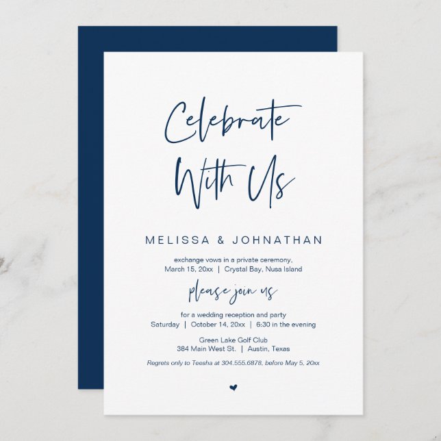 Invitación Celebra con nosotros, Navy Blue, Boda Elopement (Anverso / Reverso)