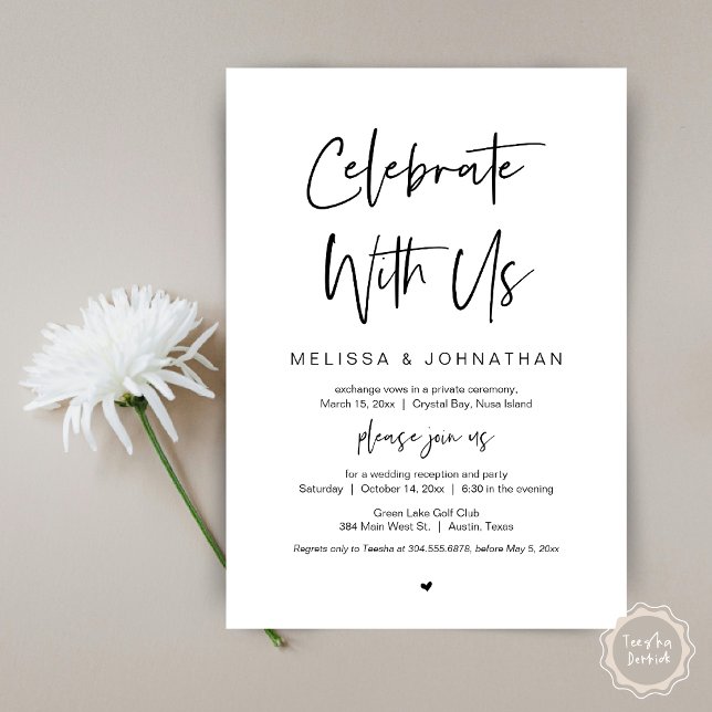 Invitación Celebra con nosotros, Negro, Huida de boda (Celebrate with us, modern wedding elopement dinner invitation card, pdf, in black and white)