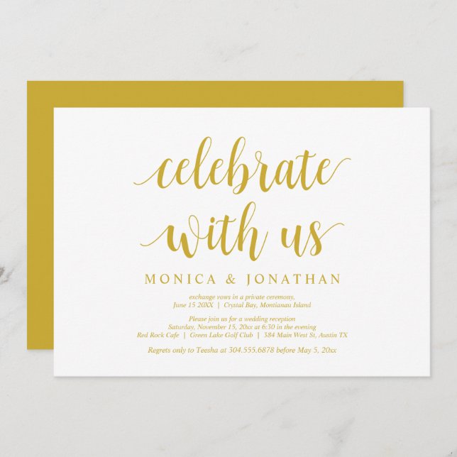 Invitación Celebra con nosotros, oro amarillo, Boda Elopement (Anverso / Reverso)