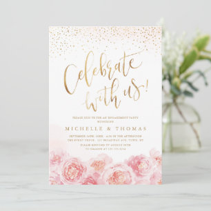 Invitación ¡Celebra con nosotros! oro de caligrafía y floral