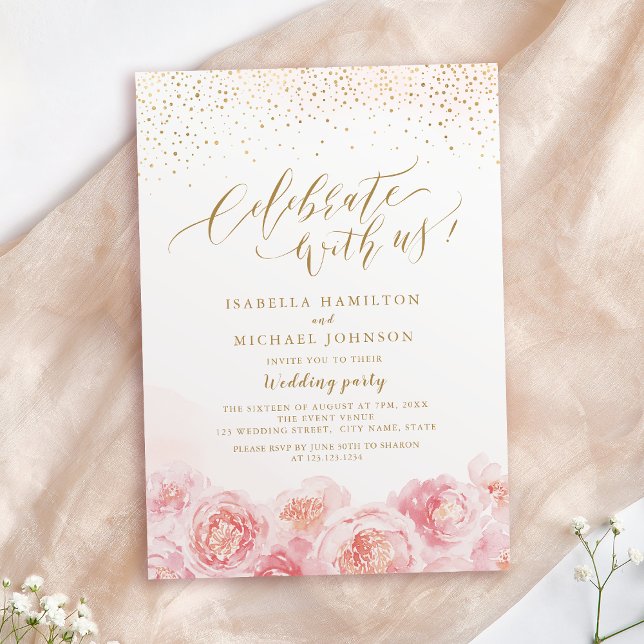 Invitación ¡Celebra con nosotros! oro de caligrafía y floral  (Celebrate With Us! calligraphy gold & blush floral Invitation)