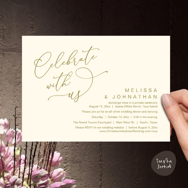 Invitación Celebra con nosotros, Romántica Boda Dinner (Celebrate With Us, Romantic Wedding Dinner Party Lunch Brunch Invitation Card PDF Yellow Gold)