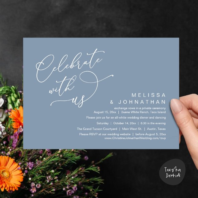 Invitación Celebra con nosotros, Romántica Boda Dinner (Celebrate With Us, Romantic Wedding Dinner Party Lunch Brunch Invitation Card PDF Dusty Blue)