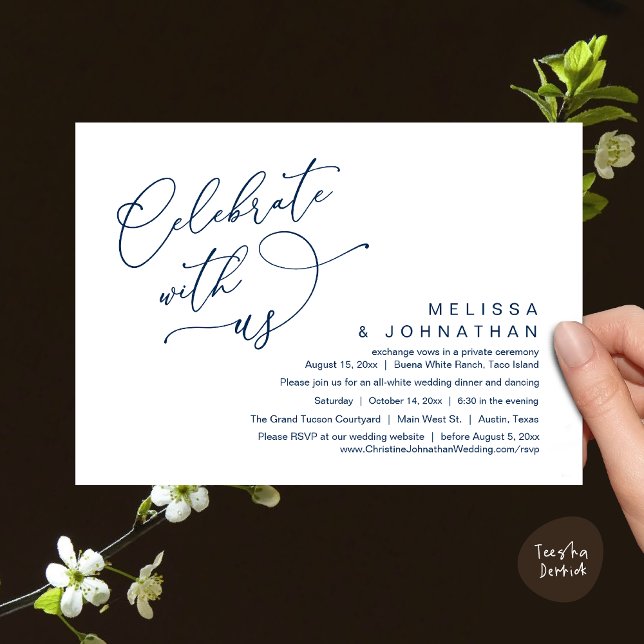 Invitación Celebra con nosotros, Romántica Boda Dinner (Celebrate With Us, Romantic Wedding Dinner Party Lunch Brunch Invitation Card PDF Classy Navy Blue)