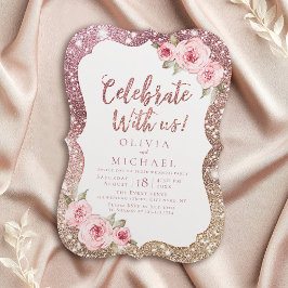Invitación ¡Celebra Con Nosotros! Rosa dorado y floral brilla