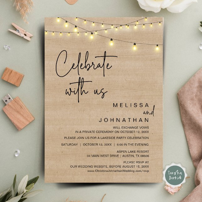 Invitación Celebra Con Nosotros, Rústico Fiesta De Elopement  (Celebrate With Us, Rustic Wedding Elopement Party Invitation Card, Cottage Brown Wood, String Lights)