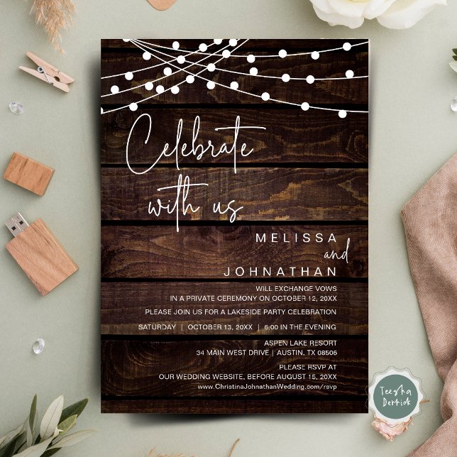 Invitación Celebra Con Nosotros, Rústico Fiesta De Elopement  (Celebrate with us, Wedding Elopement Dinner Party Invitation Cards, String Lights Rustic Wood Design)