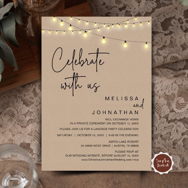Invitación Celebra Con Nosotros, Rústico Fiesta De Elopement  (Celebrate With Us, Rustic Wedding Elopement Party Invitation Card, Cottage Brown Kraft String Lights)