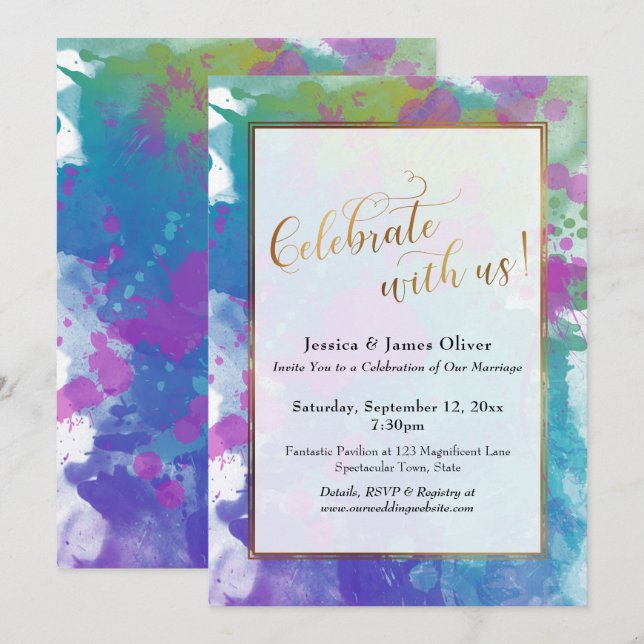 Invitación Celebra con Nosotros Salpicaduras Coloridas Abstra (Anverso / Reverso)