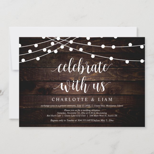 Invitación Celebra con nosotros, String Light, Boda Elopement (Anverso)