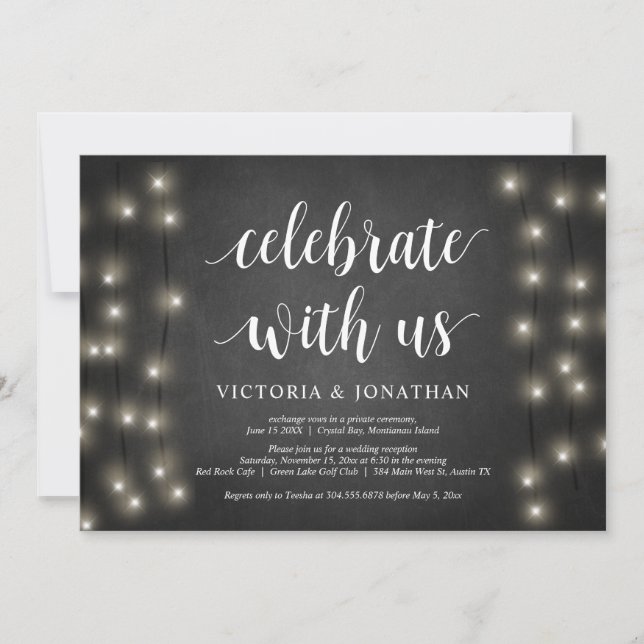 Invitación Celebra con nosotros, String Light, Boda Elopement (Anverso)