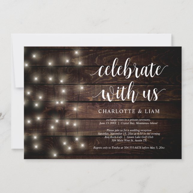 Invitación Celebra con nosotros, String Light, Boda Elopement (Anverso)