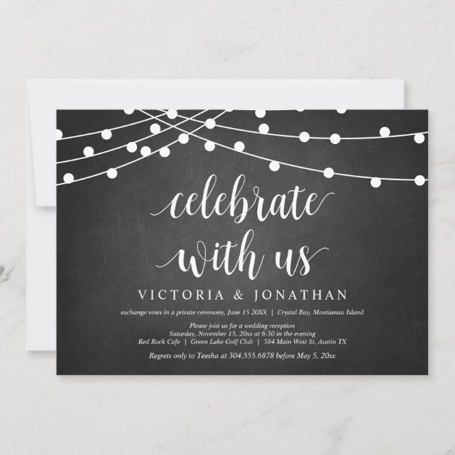 Invitación Celebra con nosotros, String Light, Boda Elopement (Anverso)