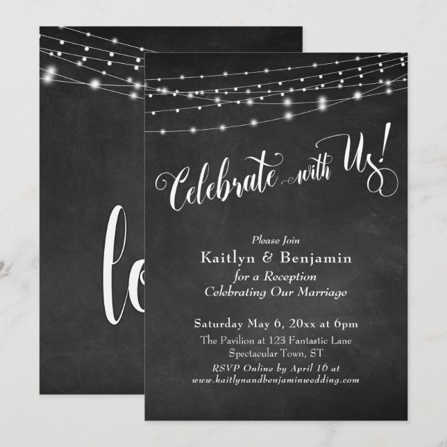 Invitación ¡Celebra con Nosotros! Tipografía, Luces de Pizarr (Anverso / Reverso)