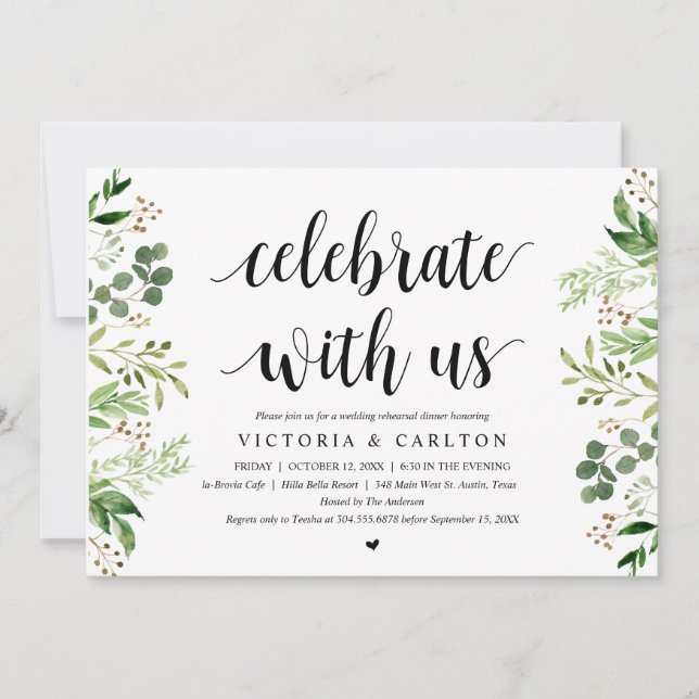 Invitación Celebra con nosotros, verde, cena de ensayo (Anverso)