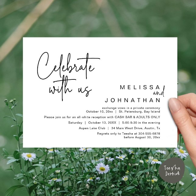 Invitación Celebra con nosotros, Wedding Reception Cash Bar (Celebrate with us, Wedding Reception Dinner Cash Bar Adults Only Invitation Card PDF in White Black)