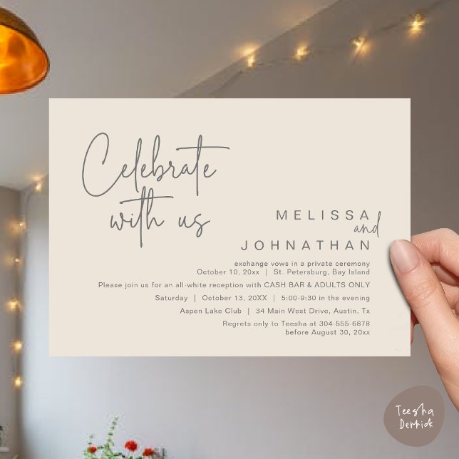 Invitación Celebra con nosotros, Wedding Reception Cash Bar (Celebrate with us, Wedding Reception Dinner Cash Bar Adults Only Invitation Card PDF in Cream Grey)