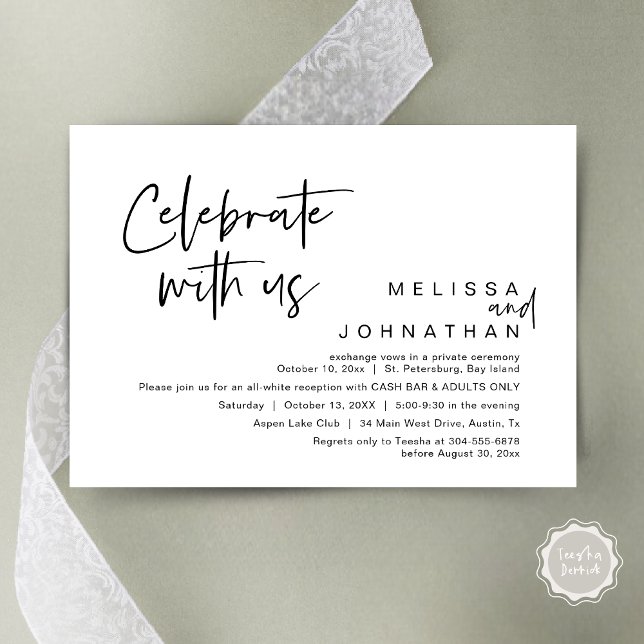 Invitación Celebra con nosotros, Wedding Reception Cash Bar (Celebrate with us, Wedding Reception Dinner Cash Bar Adults Only Invitation Card PDF in White Black)