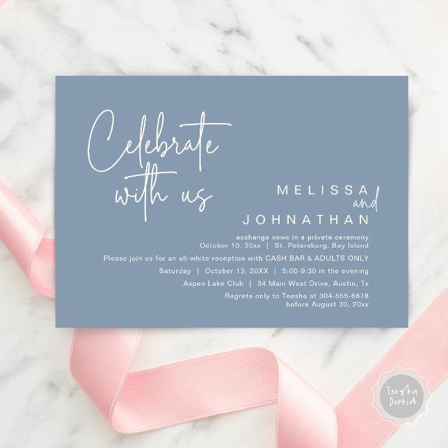 Invitación Celebra con nosotros, Wedding Reception Cash Bar (Celebrate with us, Wedding Reception Dinner Cash Bar Adults Only Invitation Card PDF in Dusty Blue)