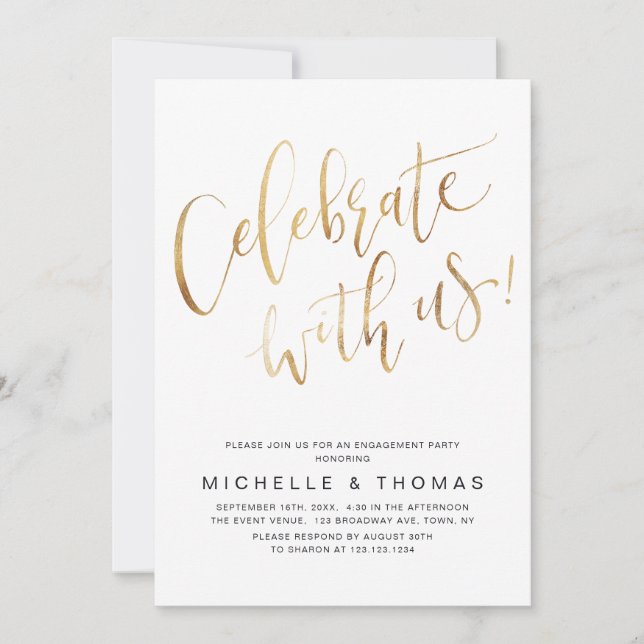 Invitación Celebra Con Us Script Gold Modern Simple (Anverso)