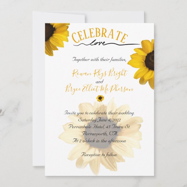Invitación Celebra el amor el girasol amarillo dorado (Anverso)