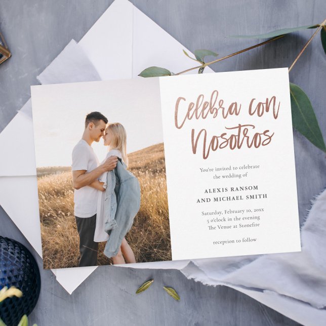 Invitación Celebra española moderna con Bodas Nosotros (Spanish 2 Photo Wedding invitation with modern rose gold foil script Celebrate with Us typography.)