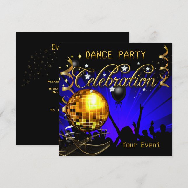 Invitación Celebración Blue Gold Dance Fiesta Disco Ball (Anverso / Reverso)