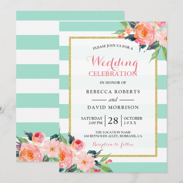 Invitación Celebración Boda de flores verdes de menta moderna (Anverso / Reverso)