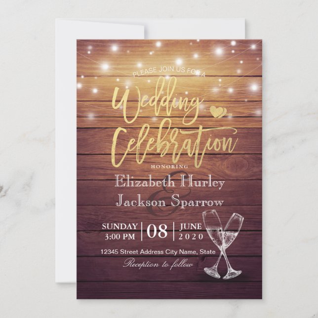 Invitación Celebración boda Glasses Wood Lights Champagne (Anverso)