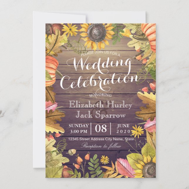 Invitación Celebración boda Madera de calabaza de hojas de ar (Anverso)
