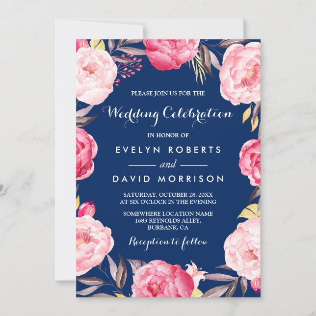 Invitación Celebración Boda moderna Floral Marina de Guerra A (Anverso)