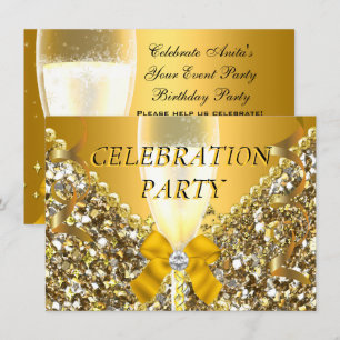 Invitación CELEBRACIÓN Brillo Dorado Plateado Fiesta Champán