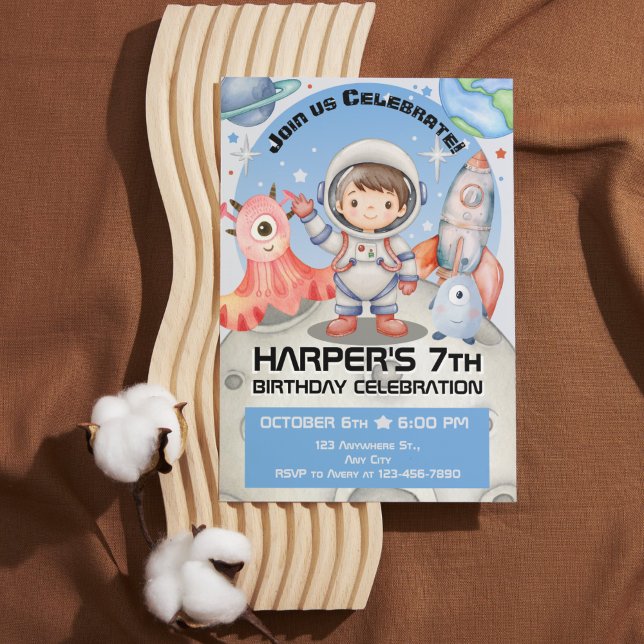 Invitación Celebración Celestial: Astronauta Azul Claro (Stellar Space Adventures: Watercolor Kids Birthday Collection)
