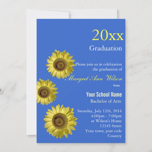 Invitación Celebración con girasoles, graduación. (Anverso)