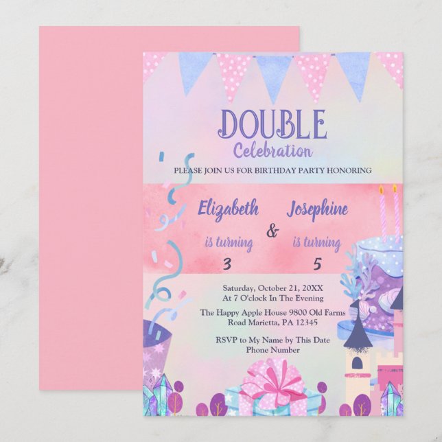 Invitación Celebración conjunta de doble cumpleaños de niñas  (Anverso / Reverso)