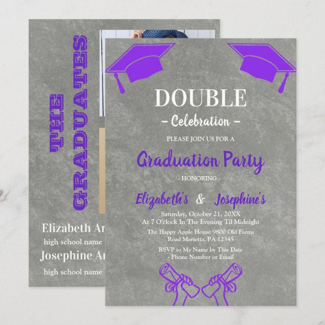 Invitación Celebración conjunta de graduación Fiesta Purple 2 (Anverso / Reverso)