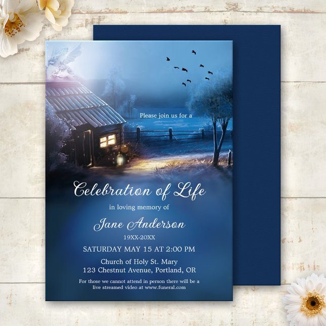 Invitación Celebración conmemorativa ilustrada de la vida (Memorial or celebration of life invitation featuring a country home with angel guidance light)