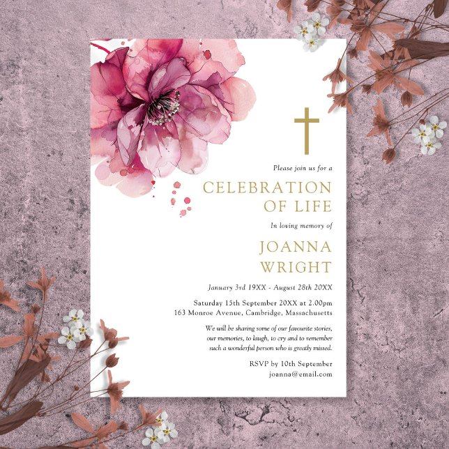 Invitación Celebración Cristiana de Floral Rosa de Celebració (Pink Floral Christian Celebration Of Life Funeral Invitation)